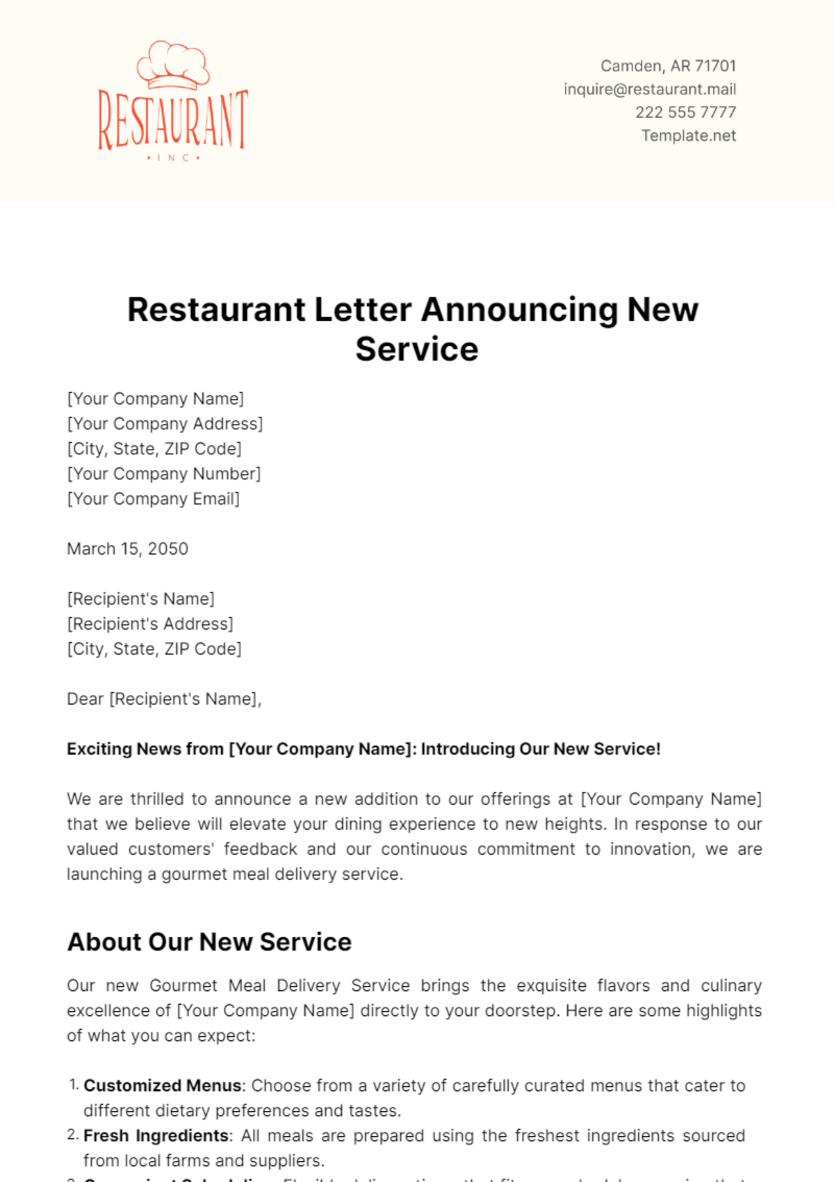 Free Restaurant Letter Announcing New Service Template