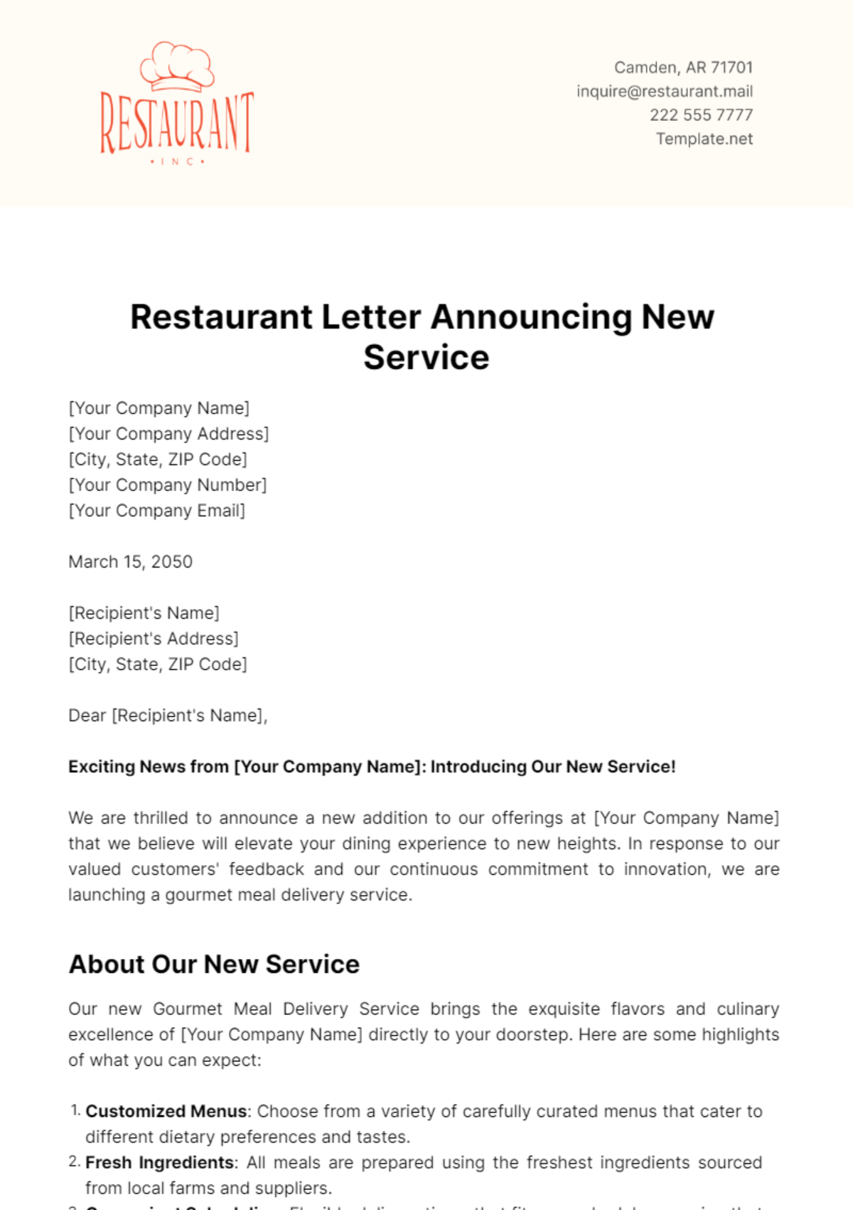 Restaurant Letter Announcing New Service Template - Edit Online & Download