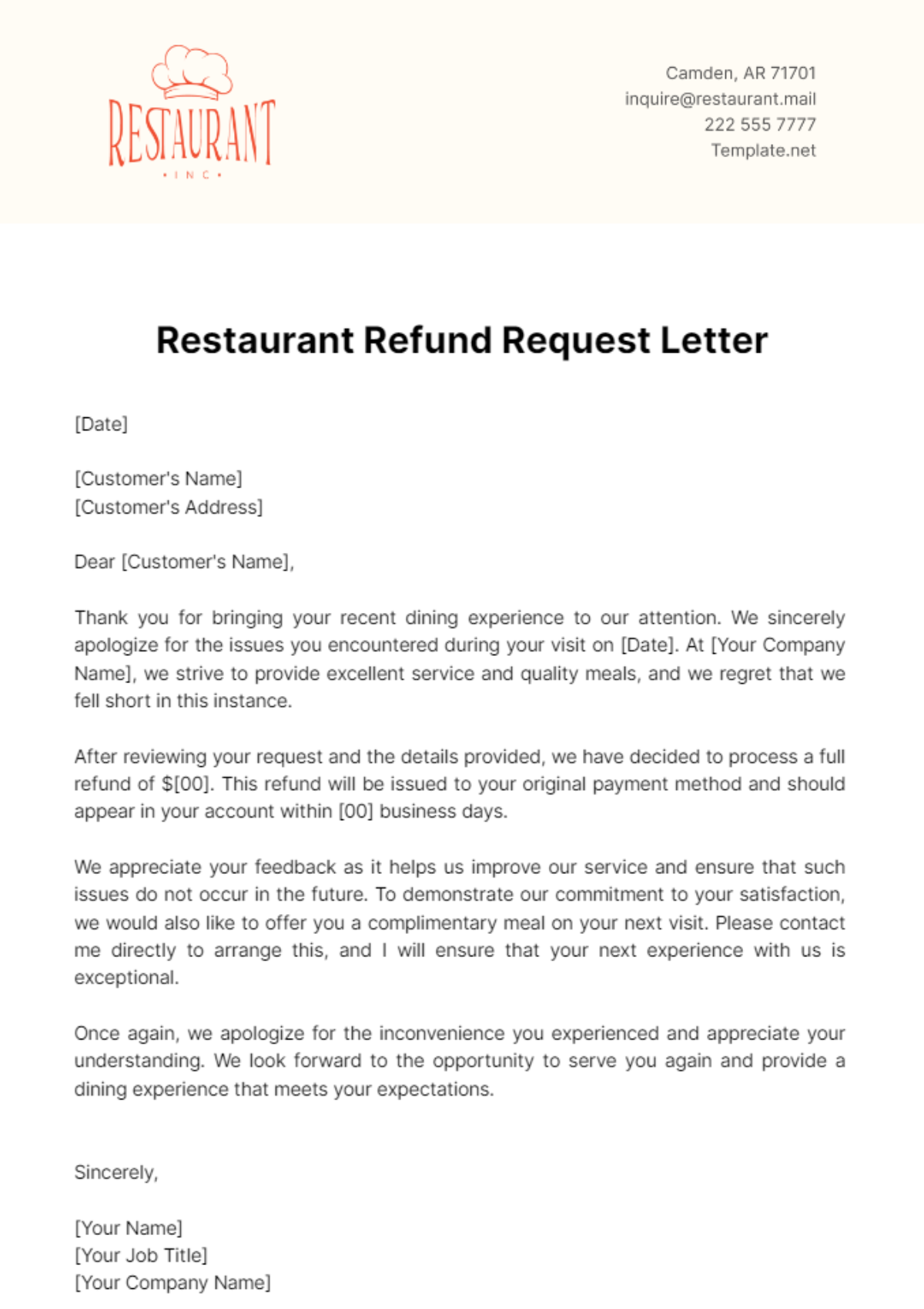 Free Restaurant Refund Request Letter Template