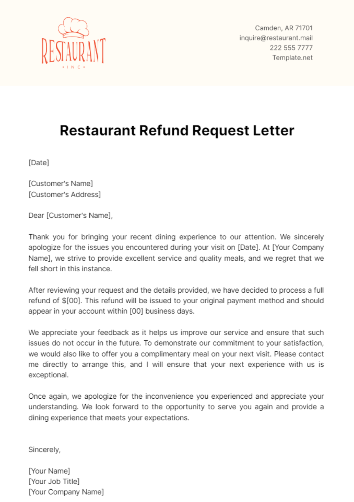 Restaurant Refund Request Letter Template - Edit Online & Download