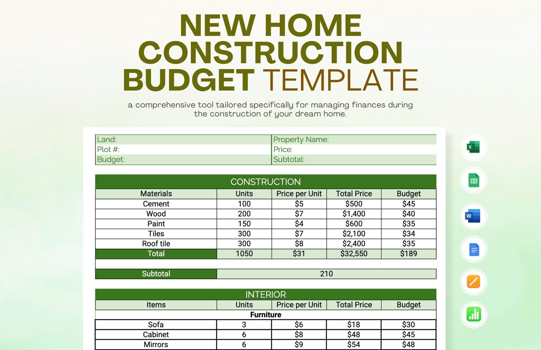 New Home Construction Budget Template in Word, Google Docs, Excel, Google Sheets, Apple Pages, Apple Numbers