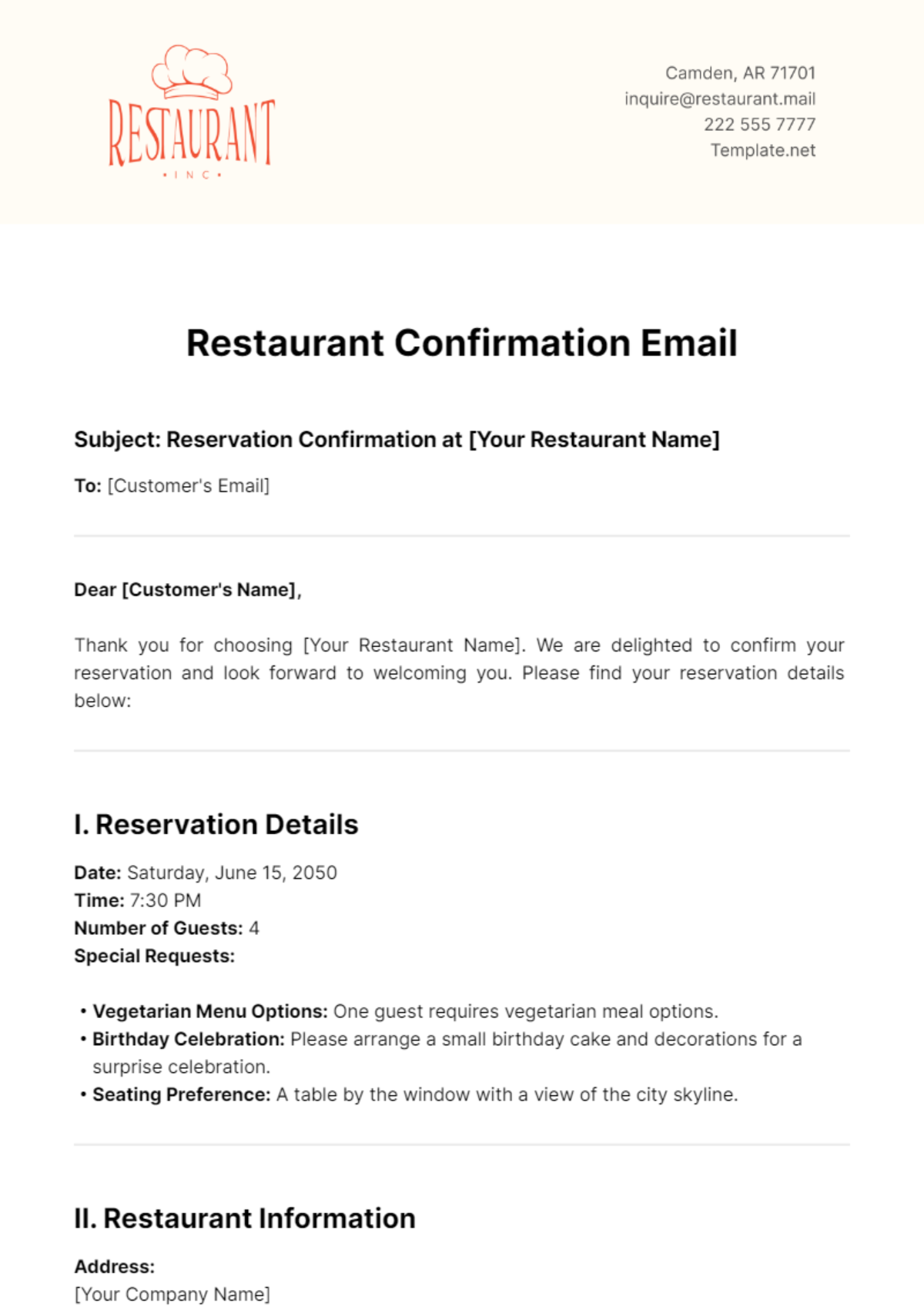 Free Restaurant Confirmation Email Template