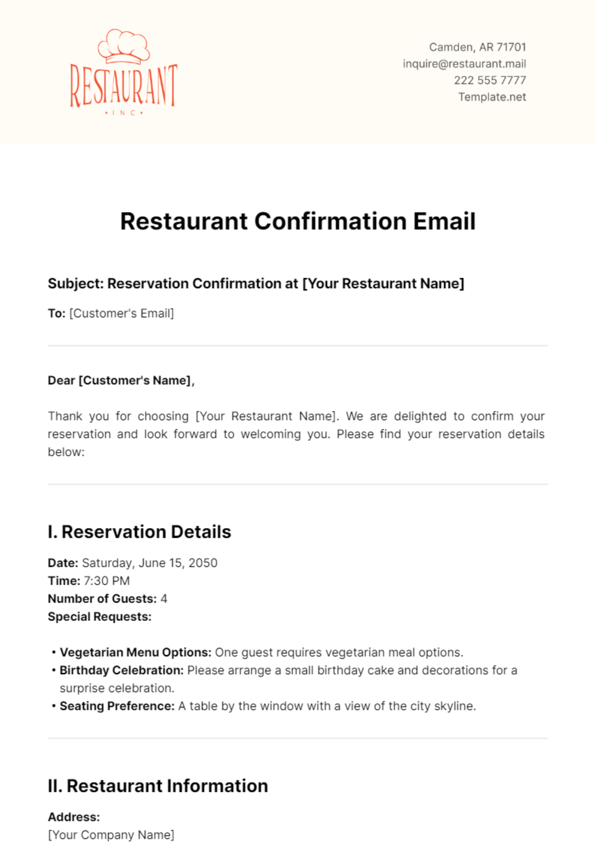 Restaurant Confirmation Email Template - Edit Online & Download