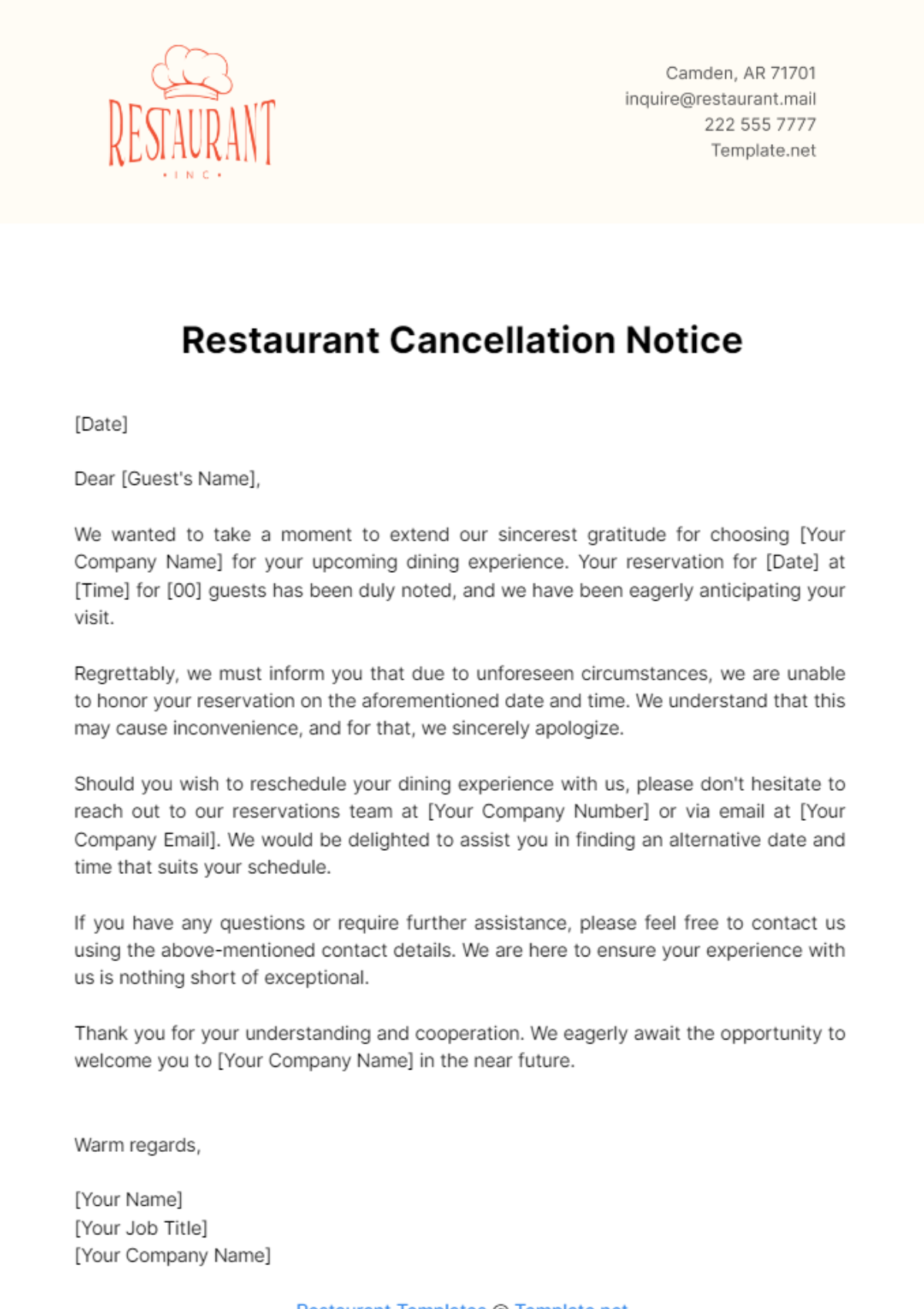 Free Restaurant Cancellation Notice Template
