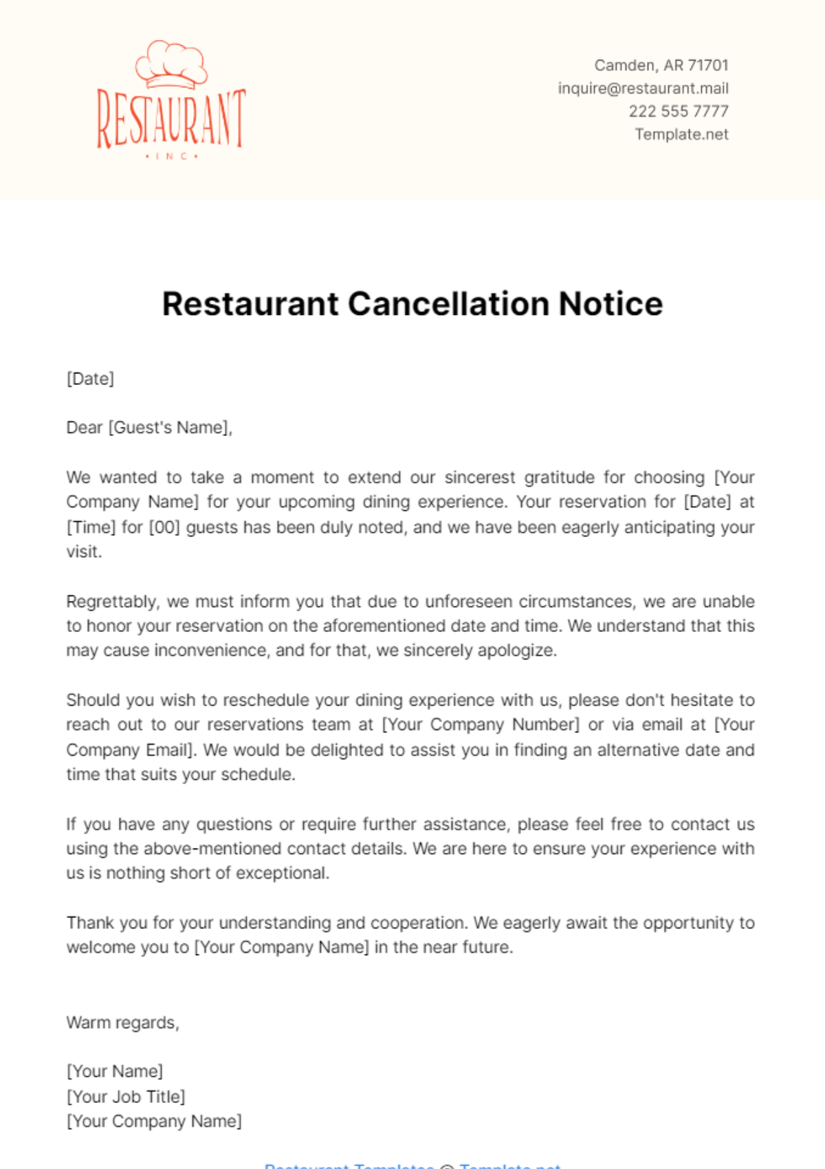 Restaurant Cancellation Notice Template - Edit Online & Download