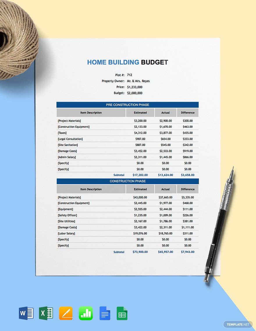 Home Construction Budget Template - Google Docs, Google Sheets, Excel ...