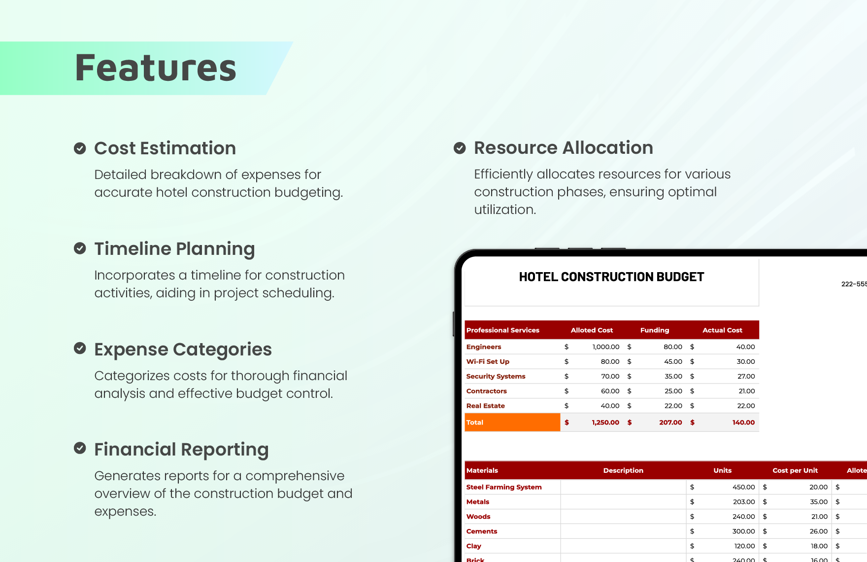 Hotel Construction Budget Template