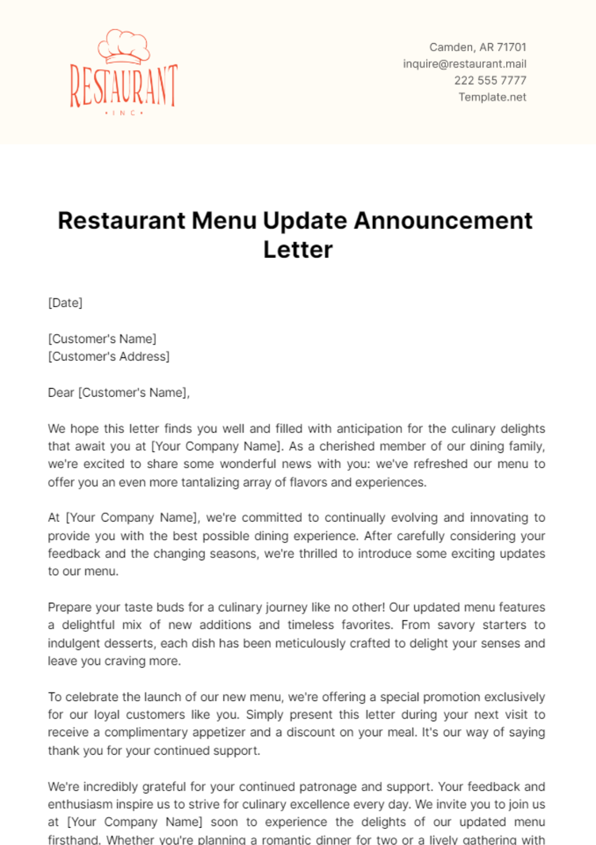 Free Restaurant Menu Update Announcement Letter Template
