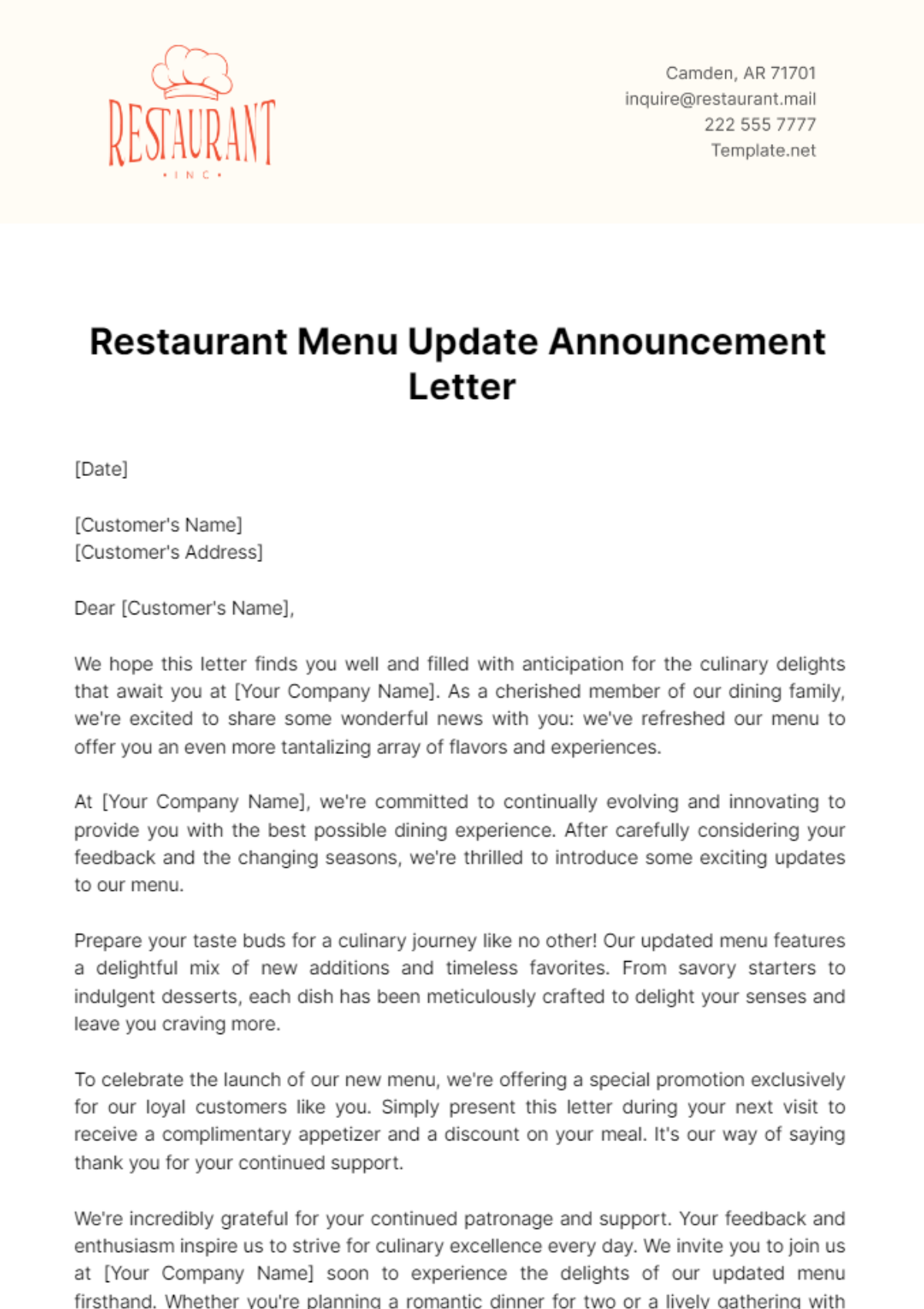 Restaurant Menu Update Announcement Letter Template - Edit Online & Download