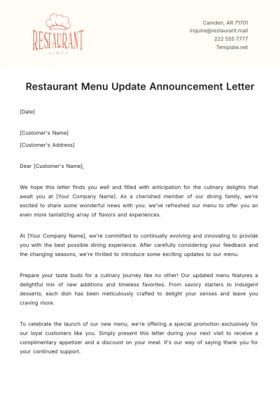 Free Restaurant Menu Update Announcement Letter Template to Edit Online