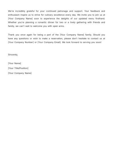 Free Restaurant Menu Update Announcement Letter Template to Edit Online