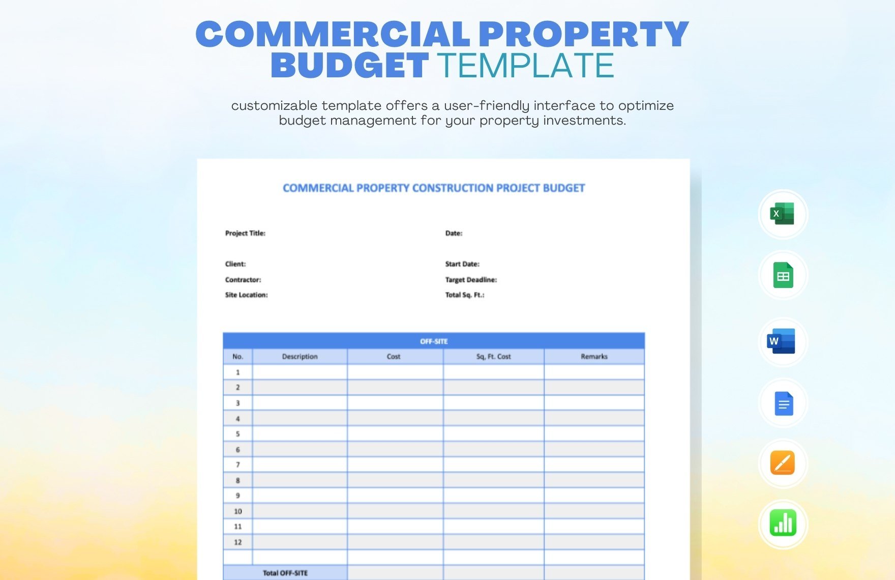 Commercial Property Budget Template in Word, Google Docs, Excel, Google Sheets, Apple Pages, Apple Numbers
