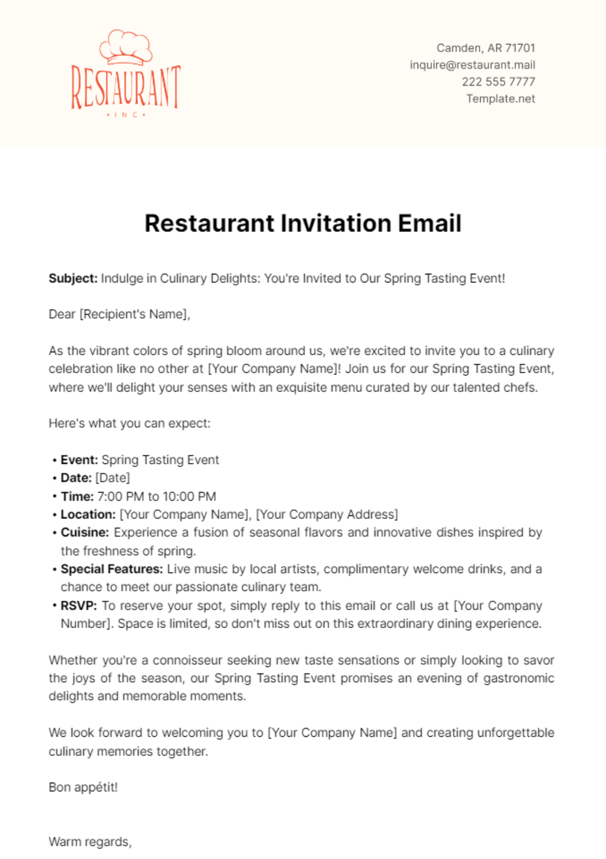 Free Restaurant Invitation Email Template
