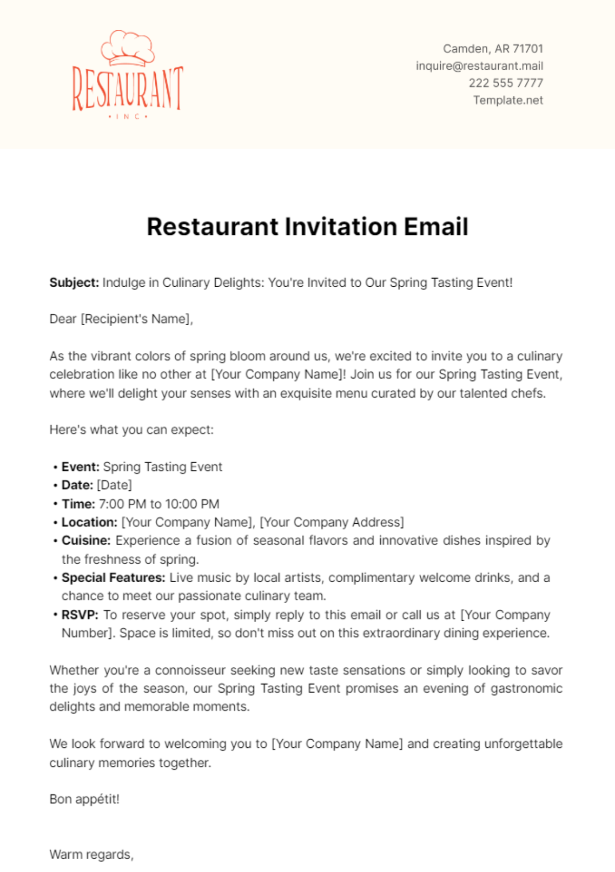 Restaurant Invitation Email Template