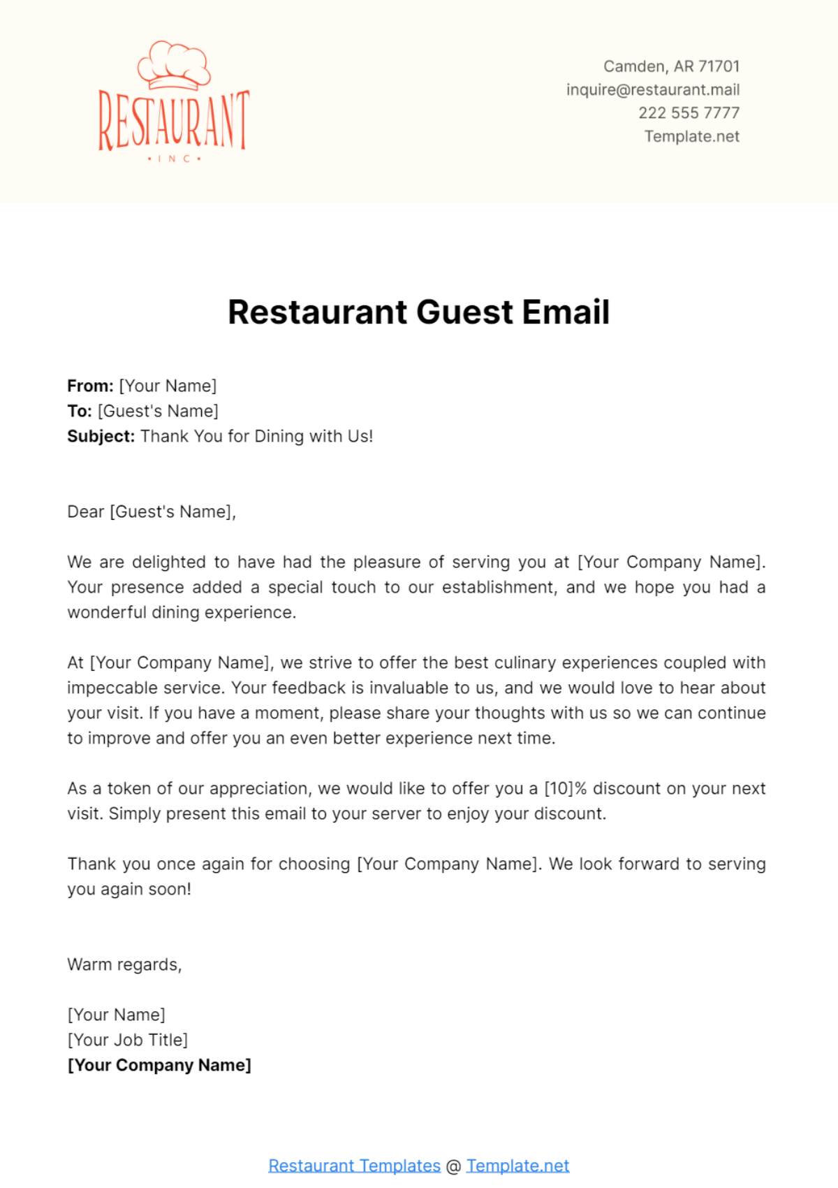 Free Restaurant Guest Email Template