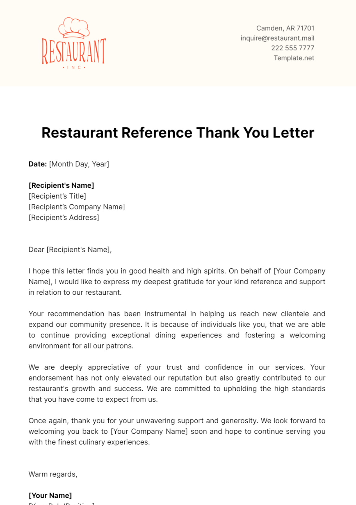 Free Restaurant Reference Thank You Letter Template