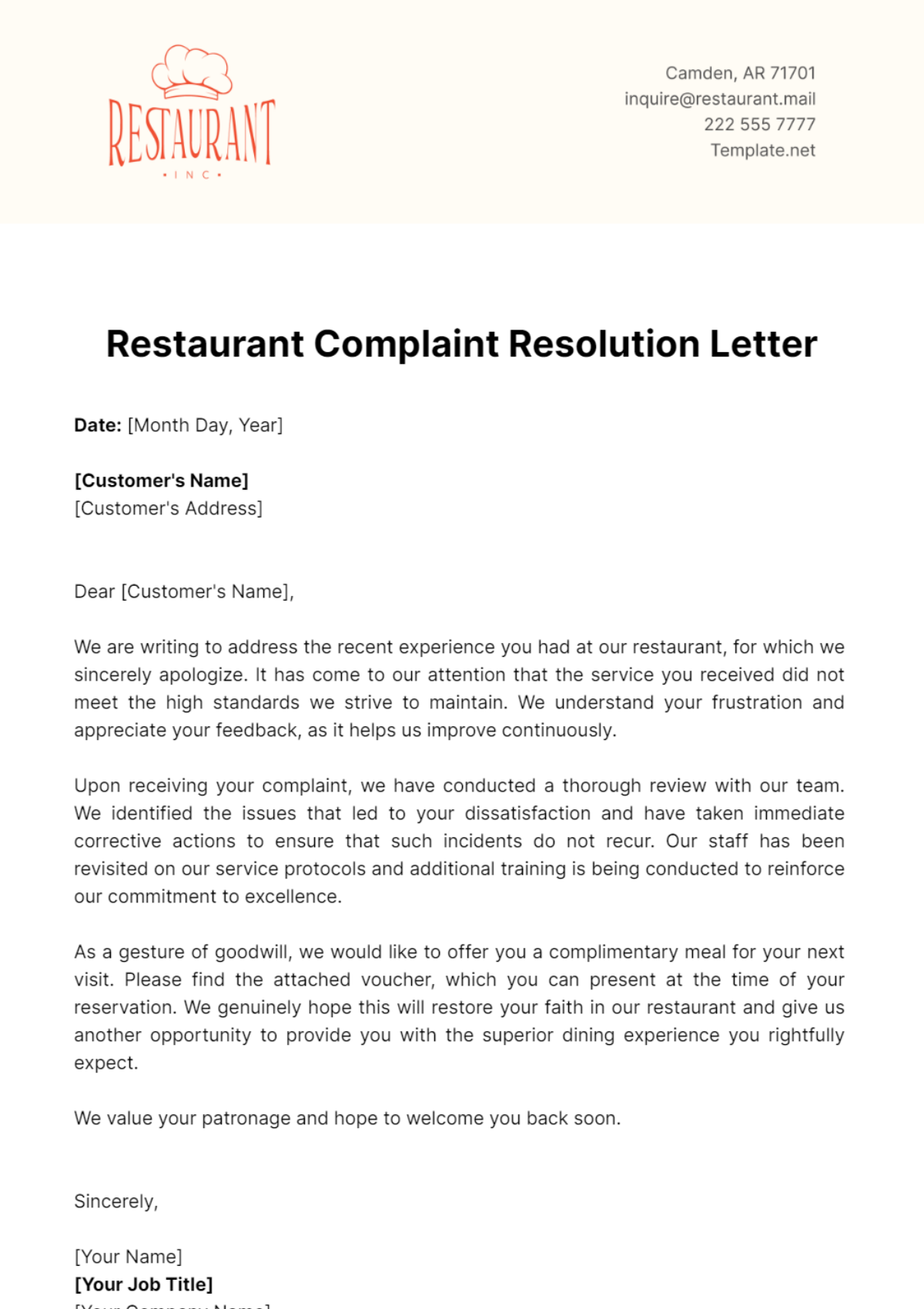 Free Restaurant Complaint Resolution Letter Template