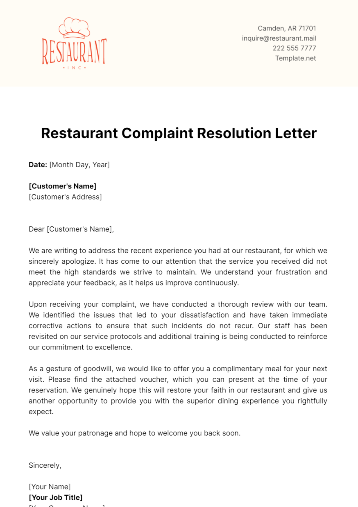 Restaurant Complaint Resolution Letter Template - Edit Online & Download