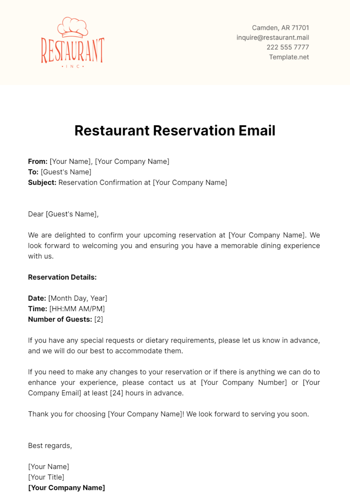 Free Restaurant Reservation Email Template