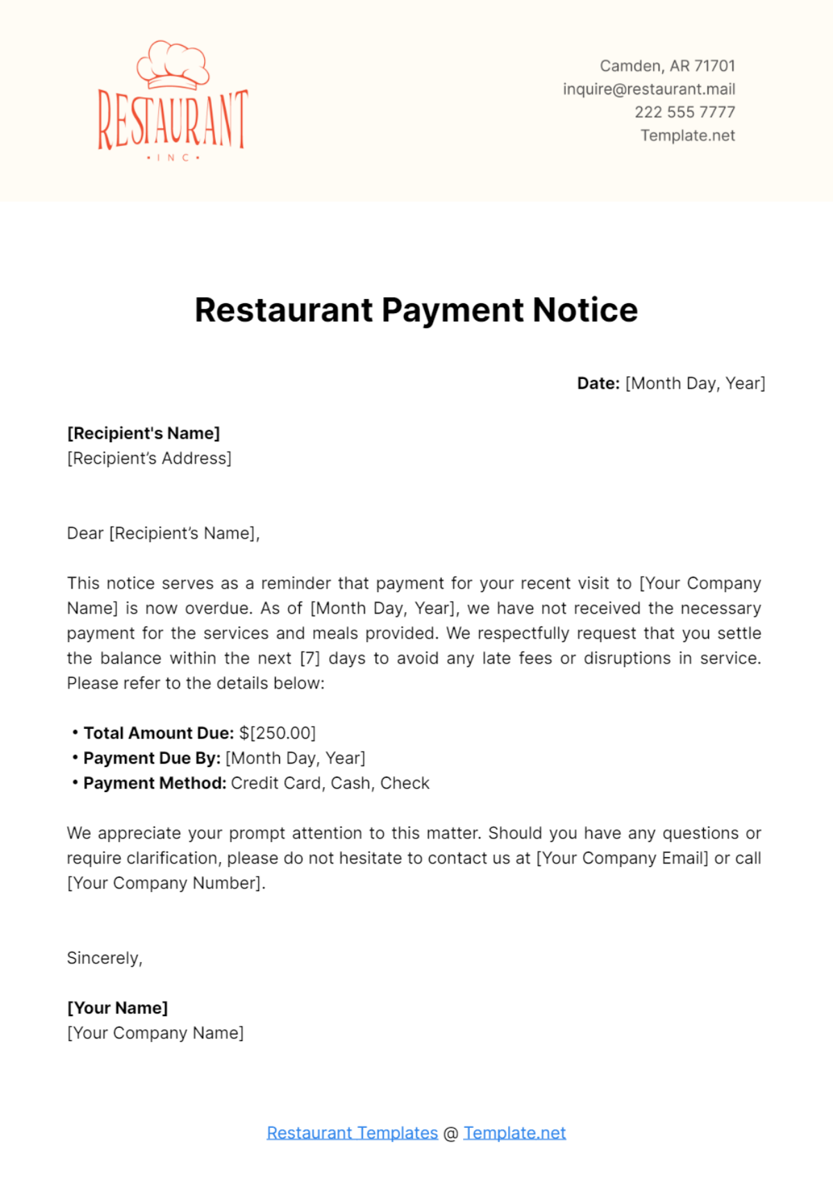 Free Restaurant Payment Notice Template