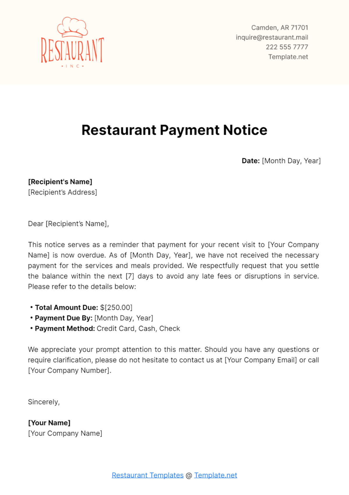 Restaurant Payment Notice Template - Edit Online & Download