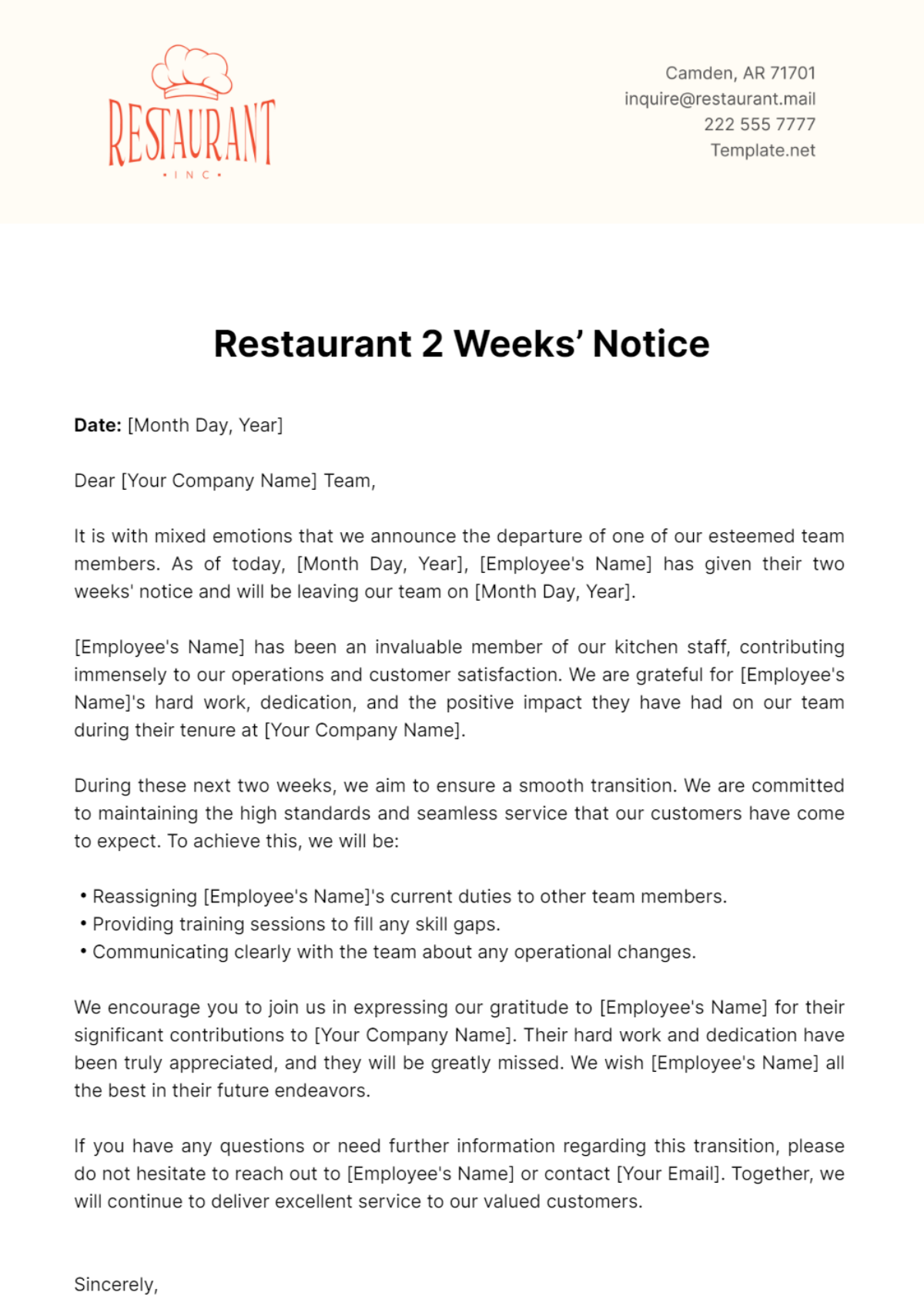 Free Restaurant 2 Weeks’ Notice Template