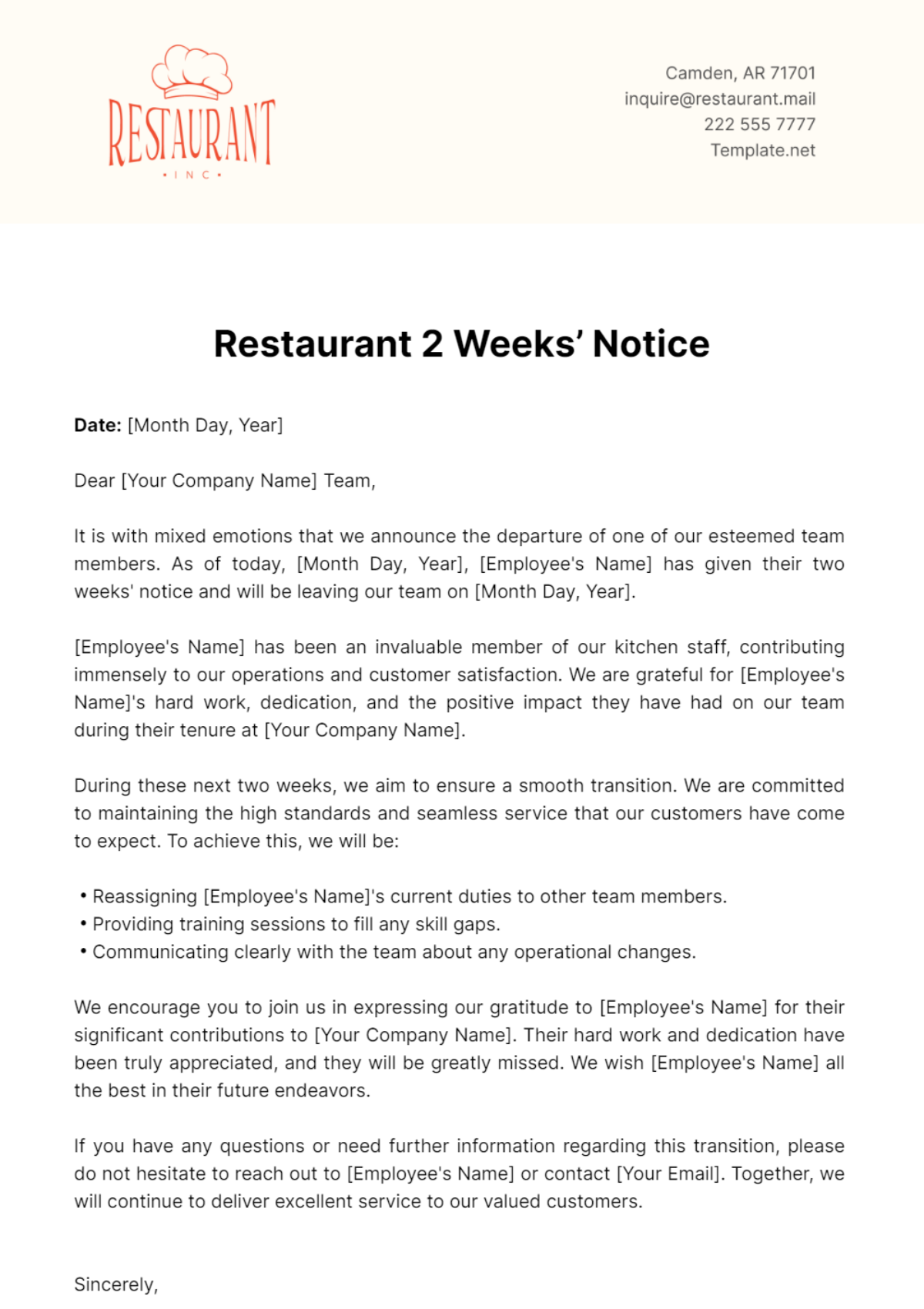 Restaurant 2 Weeks’ Notice Template - Edit Online & Download