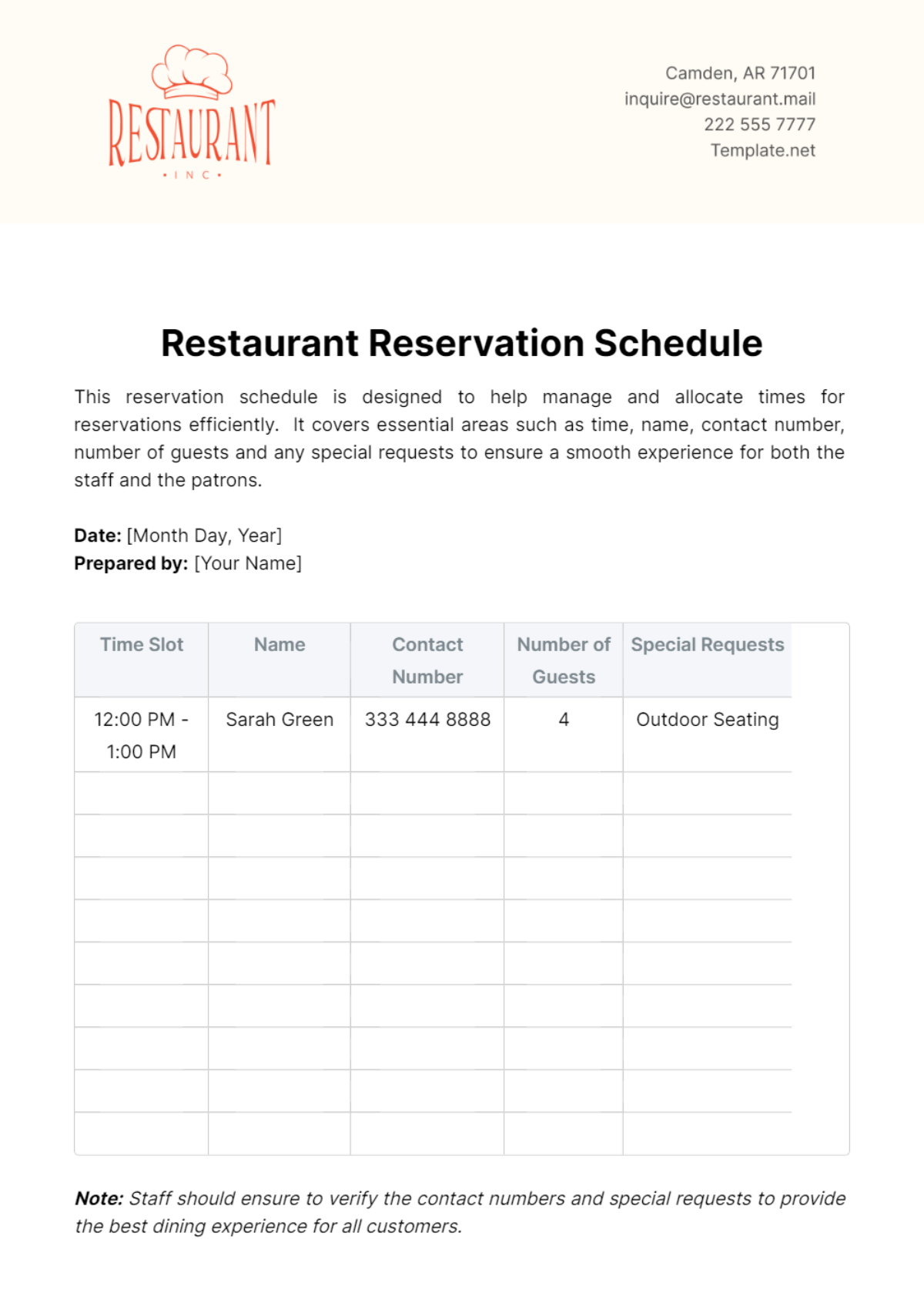 Restaurant Reservation Schedule Template - Edit Online & Download