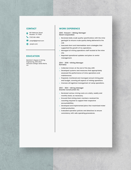 Mining Manager Resume Template