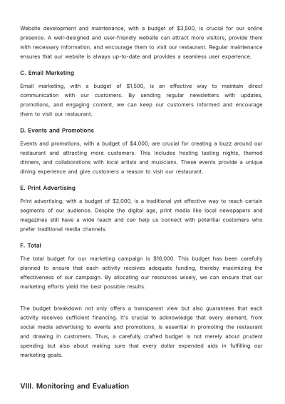 Free Sample Restaurant Marketing Plan Template to Edit Online