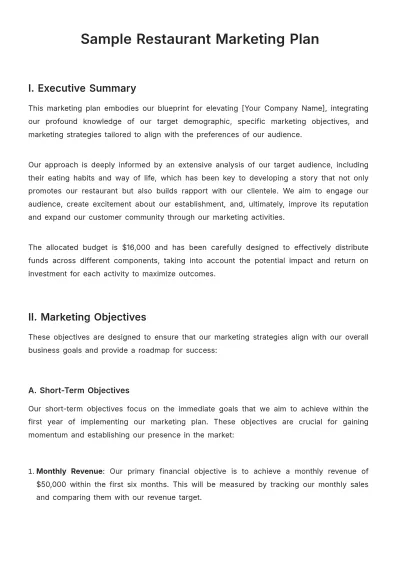 Free Sample Restaurant Marketing Plan Template to Edit Online