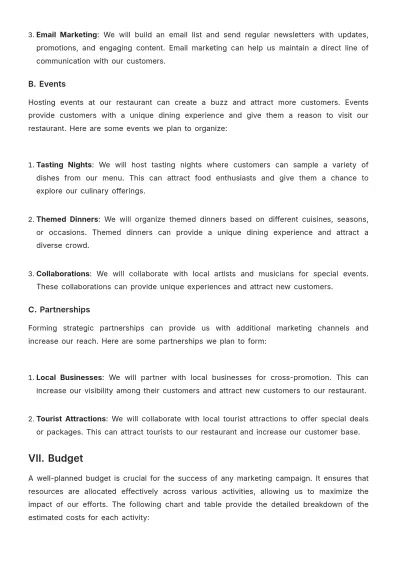 Free Sample Restaurant Marketing Plan Template to Edit Online