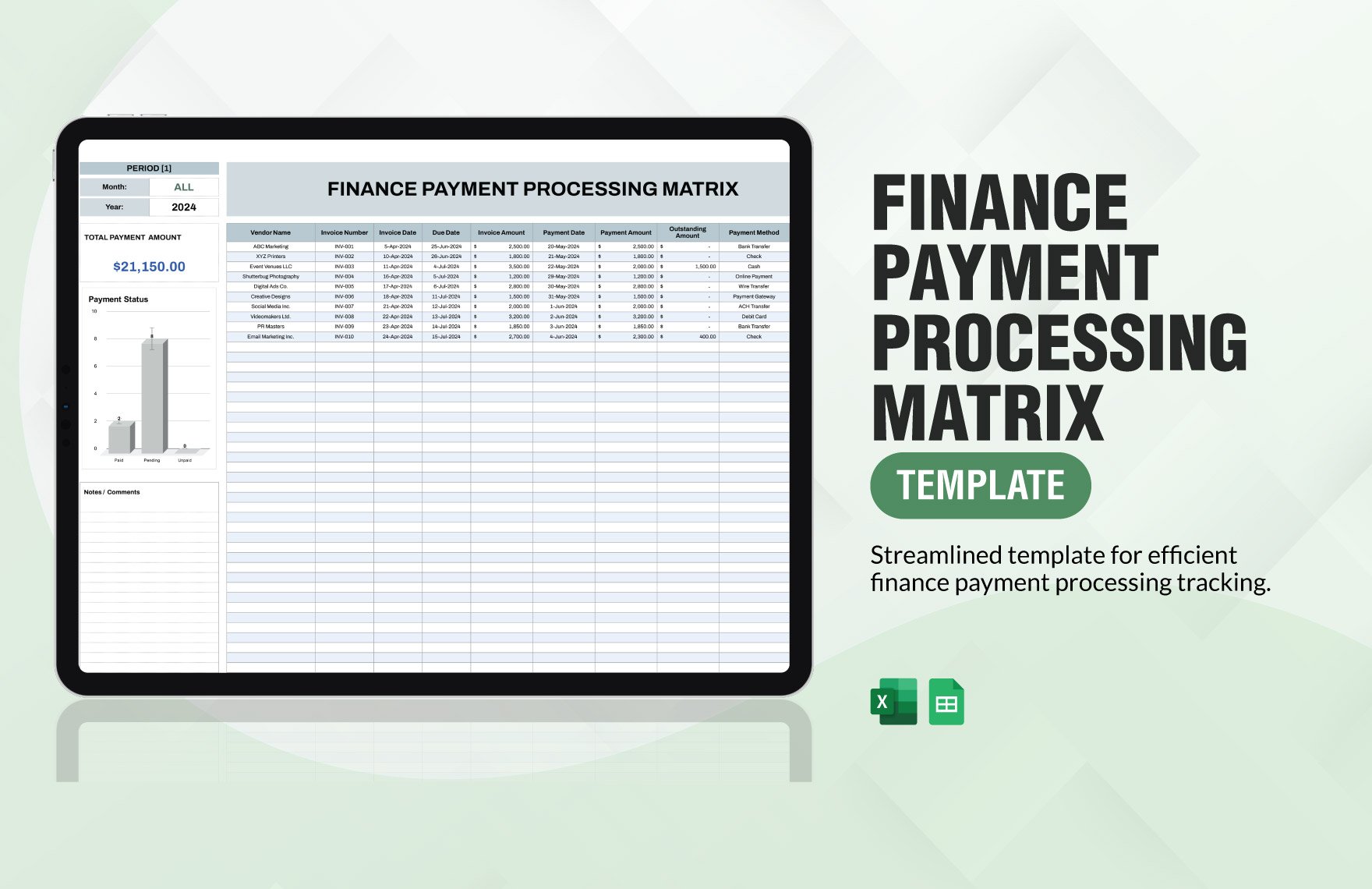 Finance Payment Processing Matrix Template in Excel, Google Sheets