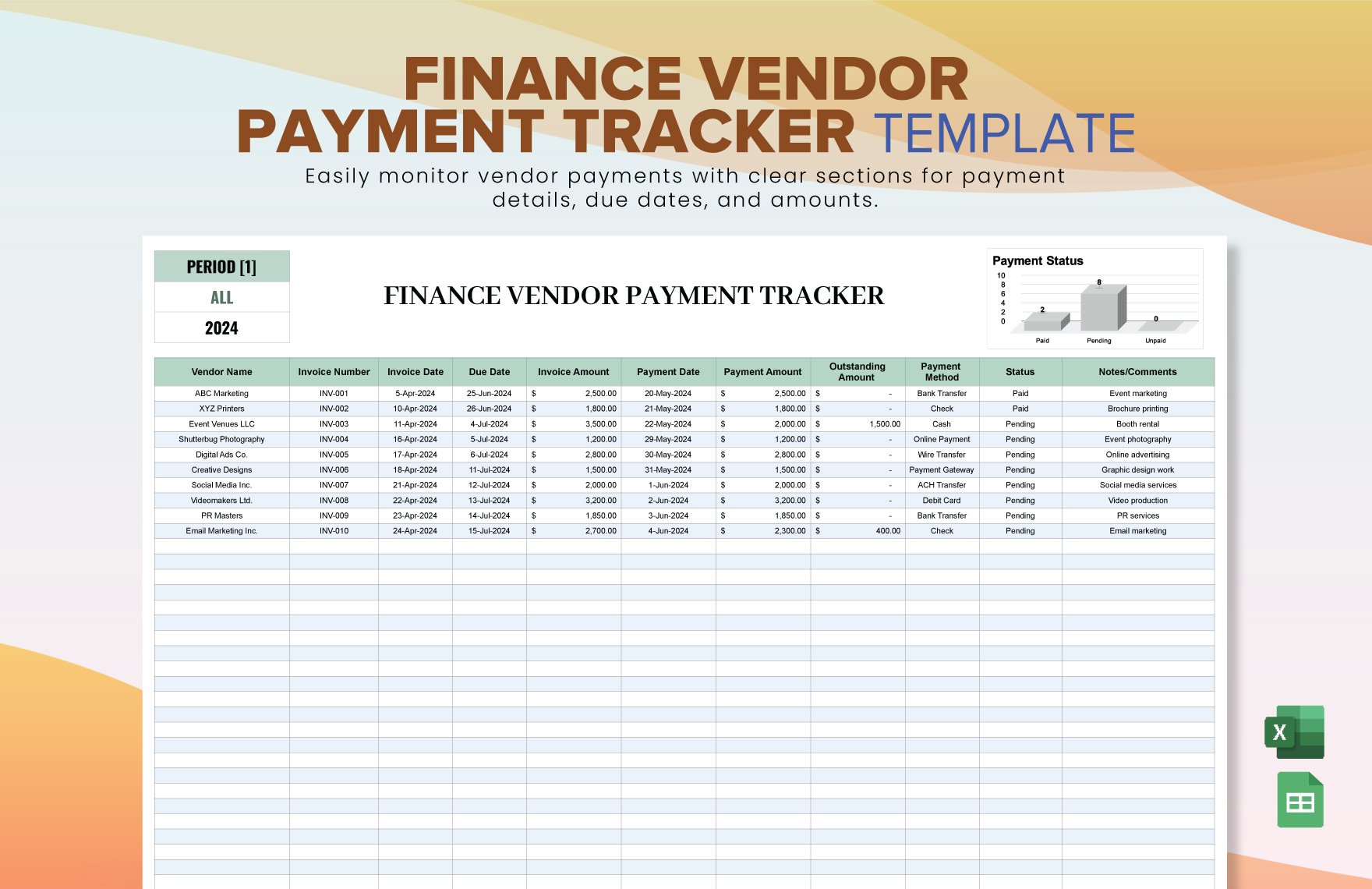 Finance Vendor Payment Tracker Template in Excel, Google Sheets