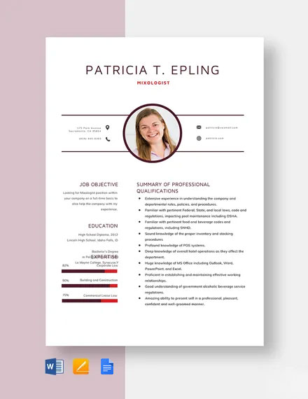 Mixologist Resume Template - Google Docs, Word, Apple Pages