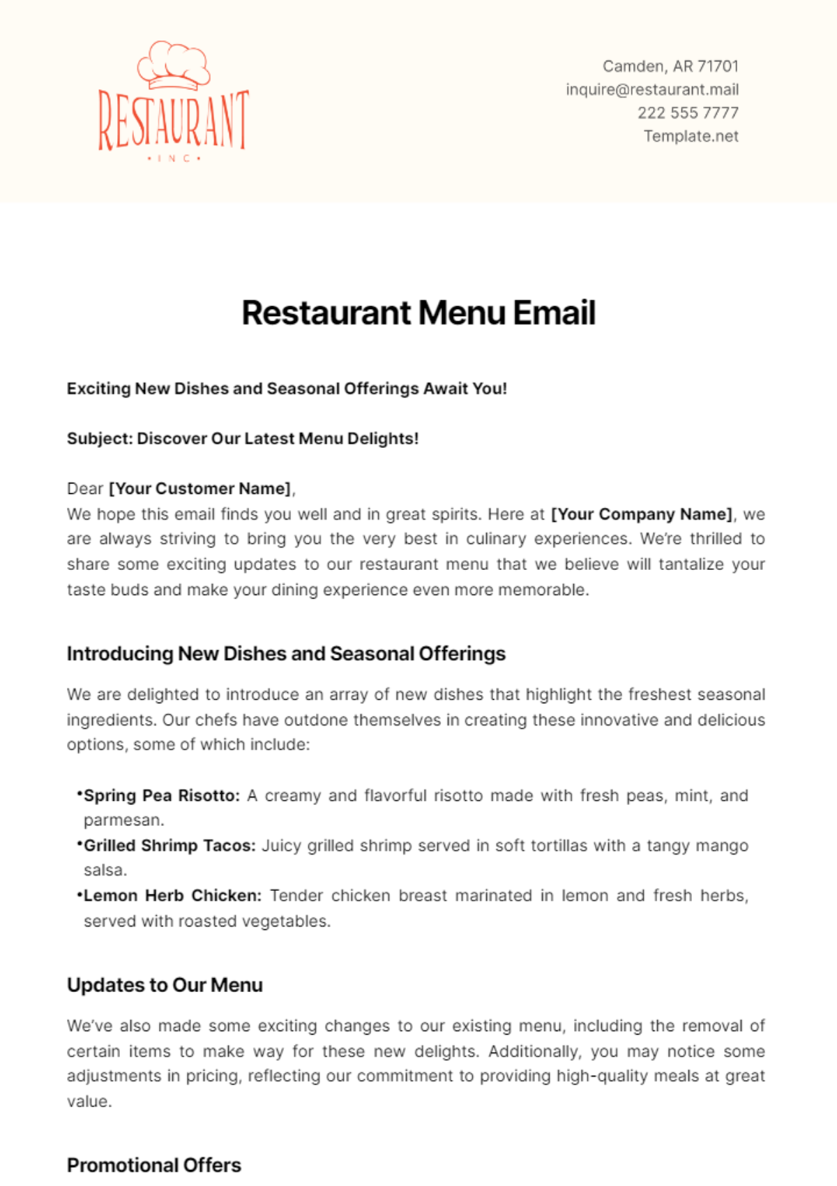 Free Restaurant Menu Email Template