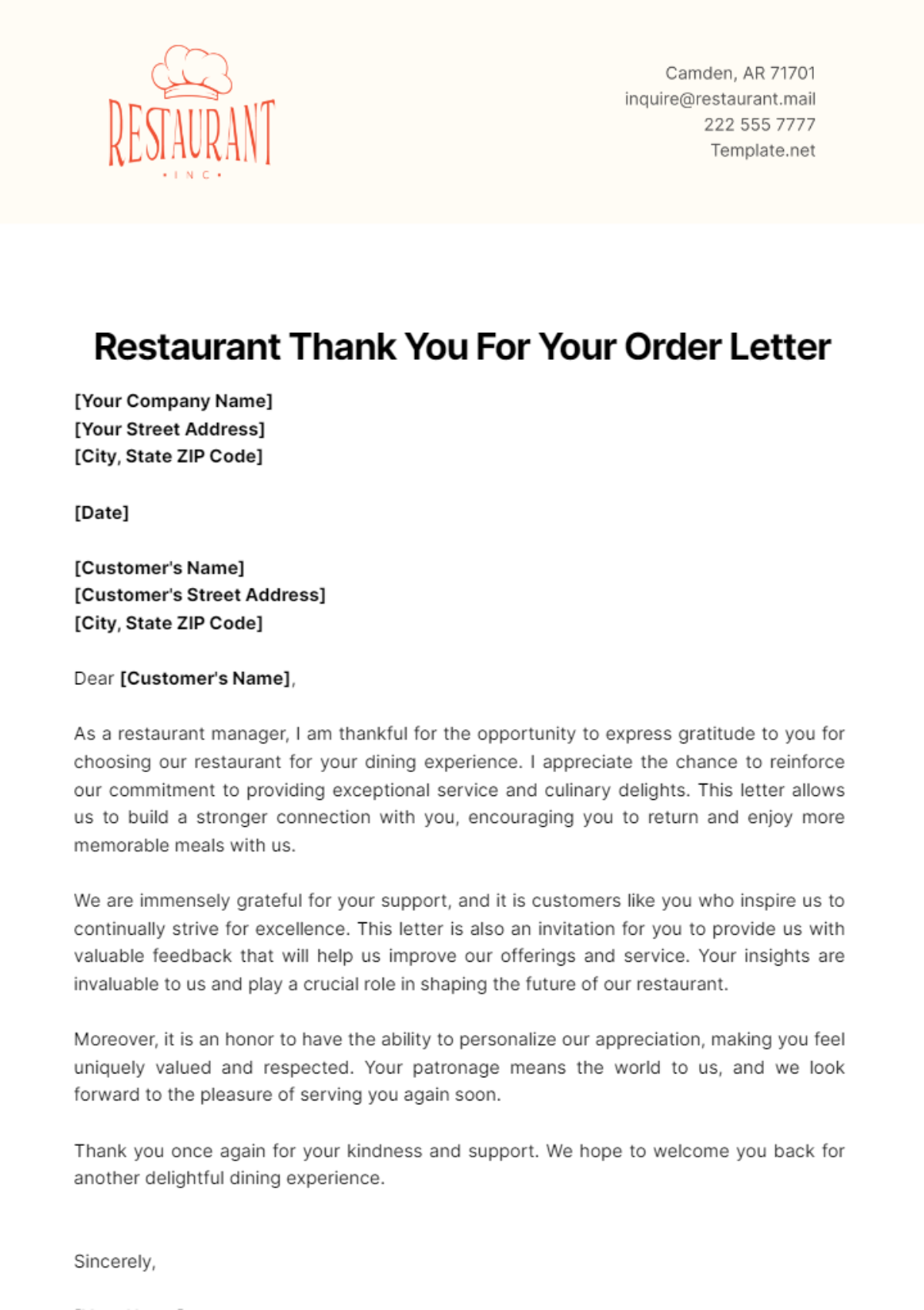 Restaurant Thank You For Your Order Letter Template - Edit Online & Download