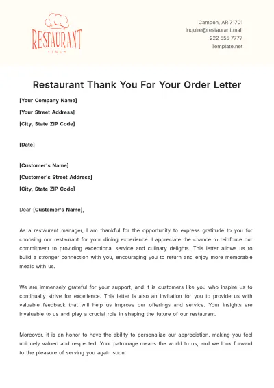 Free Restaurant Thank You For Your Order Letter Template to Edit Online