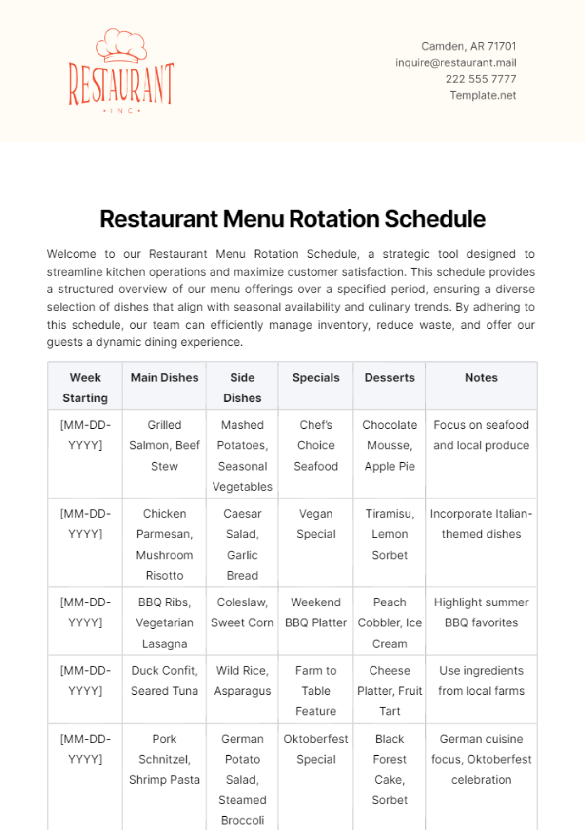 Restaurant Menu Rotation Schedule Template - Edit Online & Download