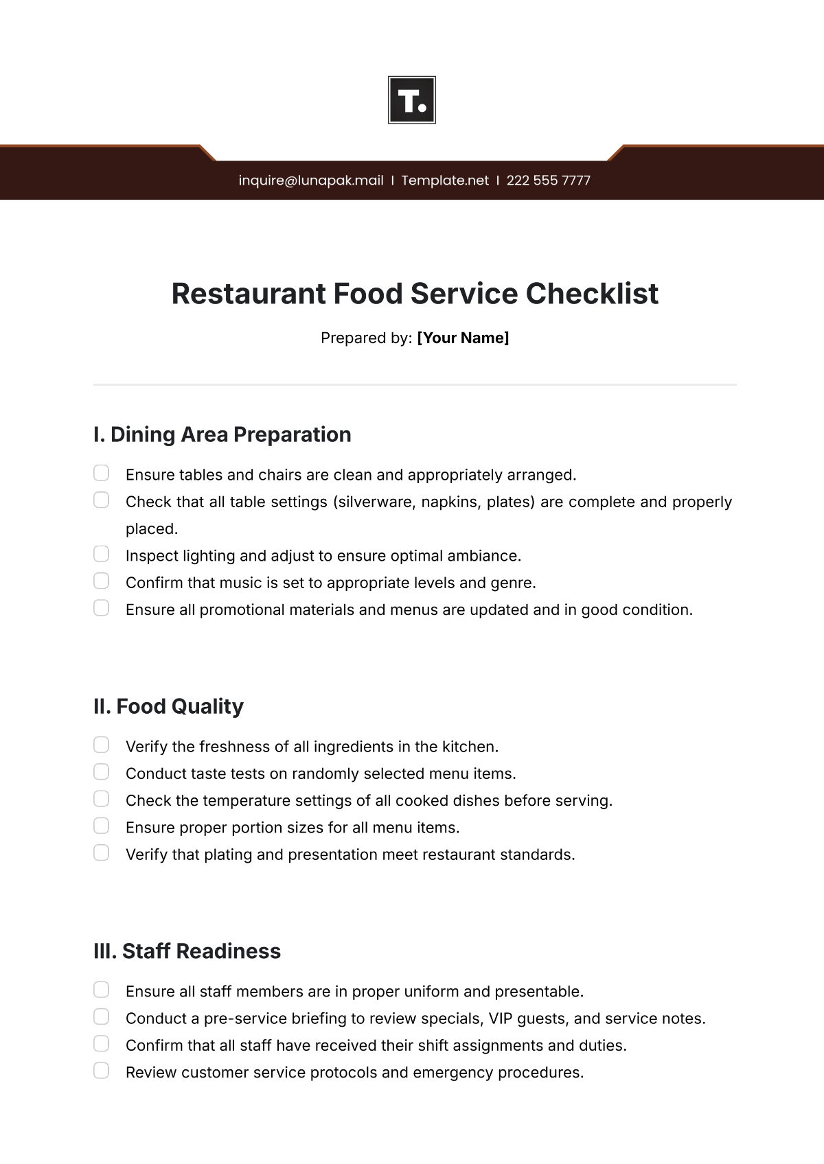 Restaurant Food Service Checklist Template - Edit Online & Download