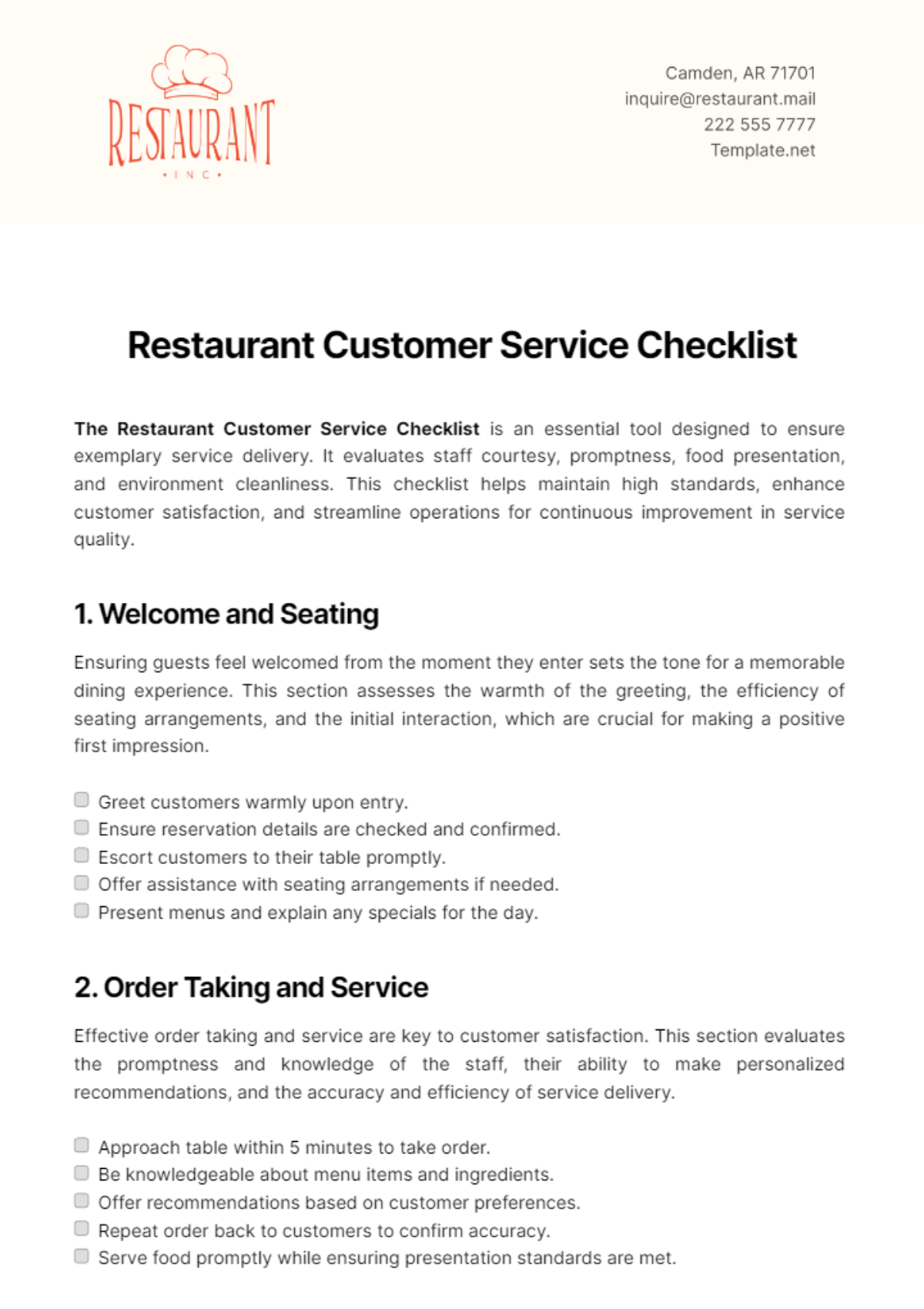 Restaurant Customer Service Checklist Template - Edit Online & Download ...