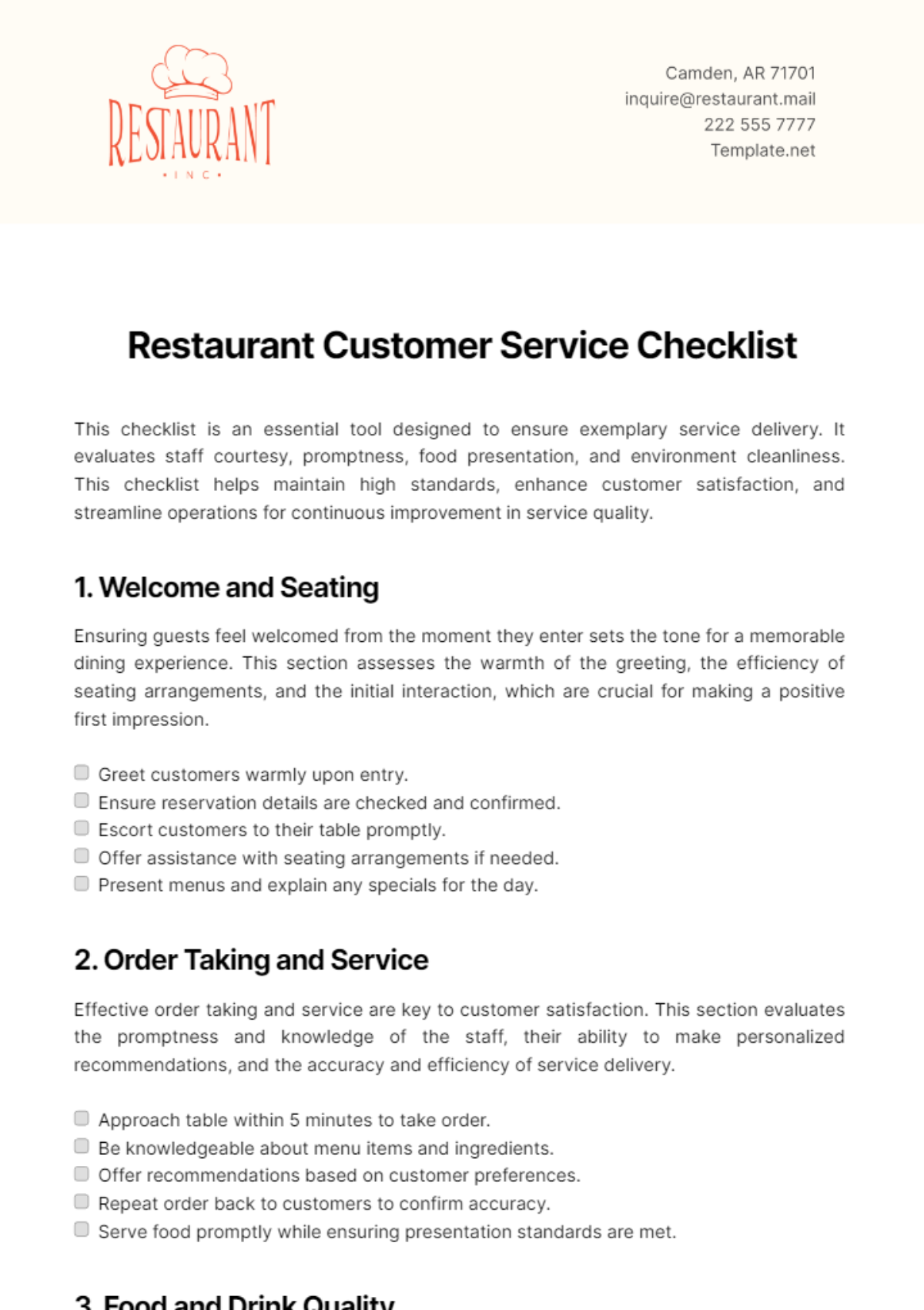 Restaurant Customer Service Checklist Template - Edit Online & Download