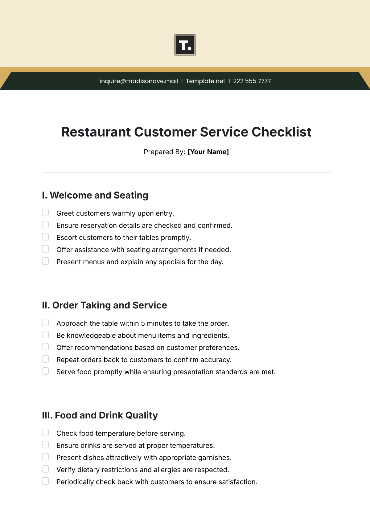 Restaurant Customer Service Checklist Template - Edit Online & Download