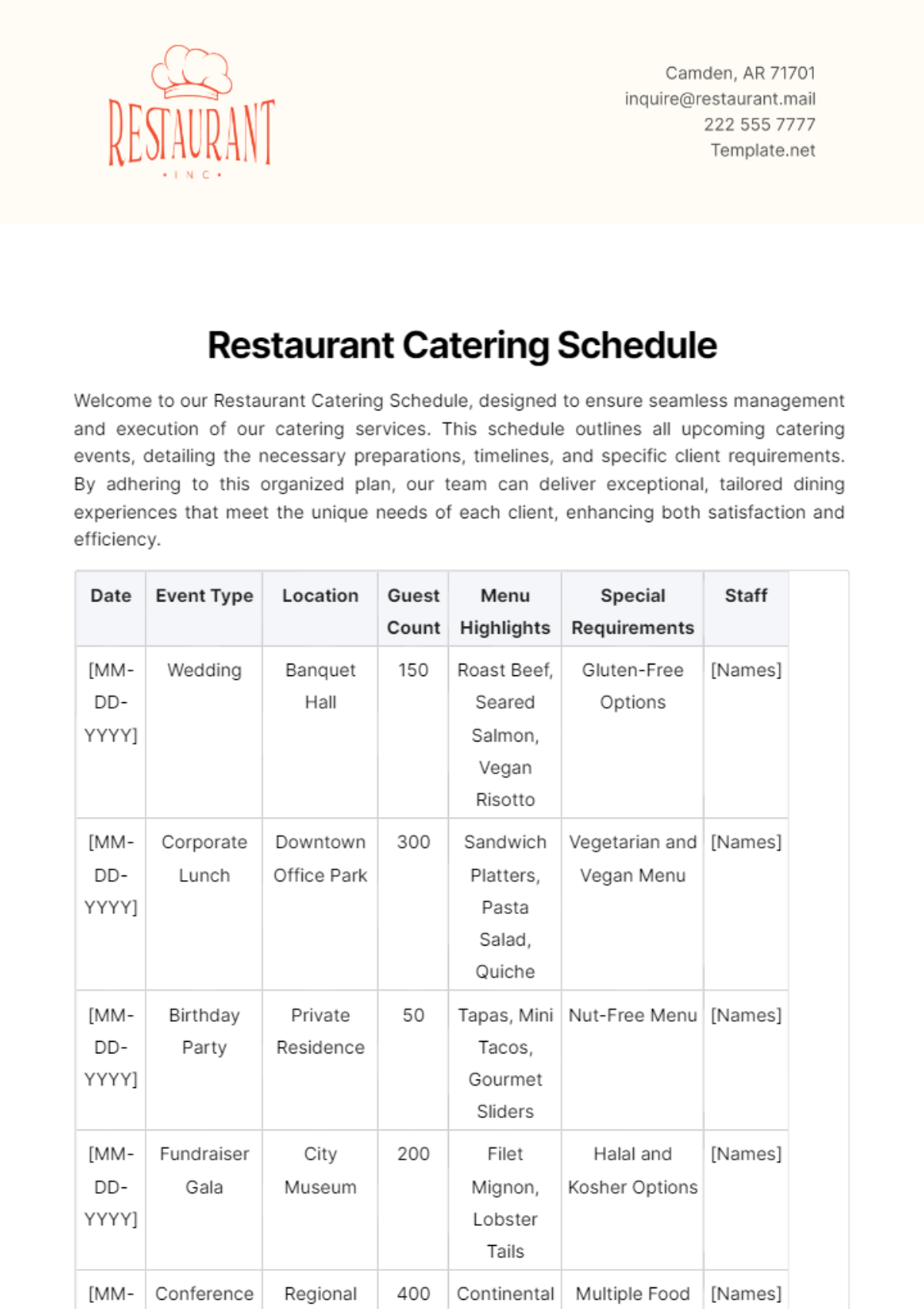 Restaurant Catering Schedule Template - Edit Online & Download