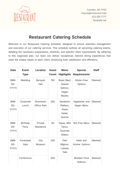 Free Restaurant Catering Schedule Template to Edit Online