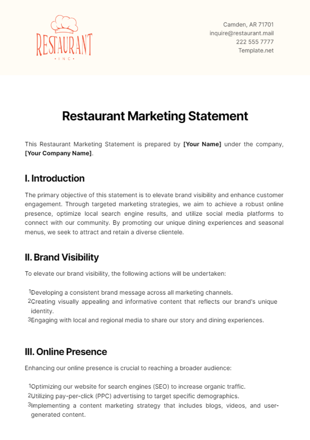 Restaurant Marketing Statement Template - Edit Online & Download