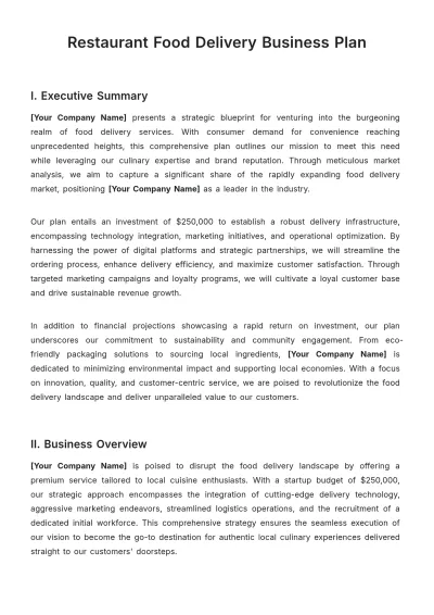 Free Restaurant Food Delivery Business Plan Template to Edit Online