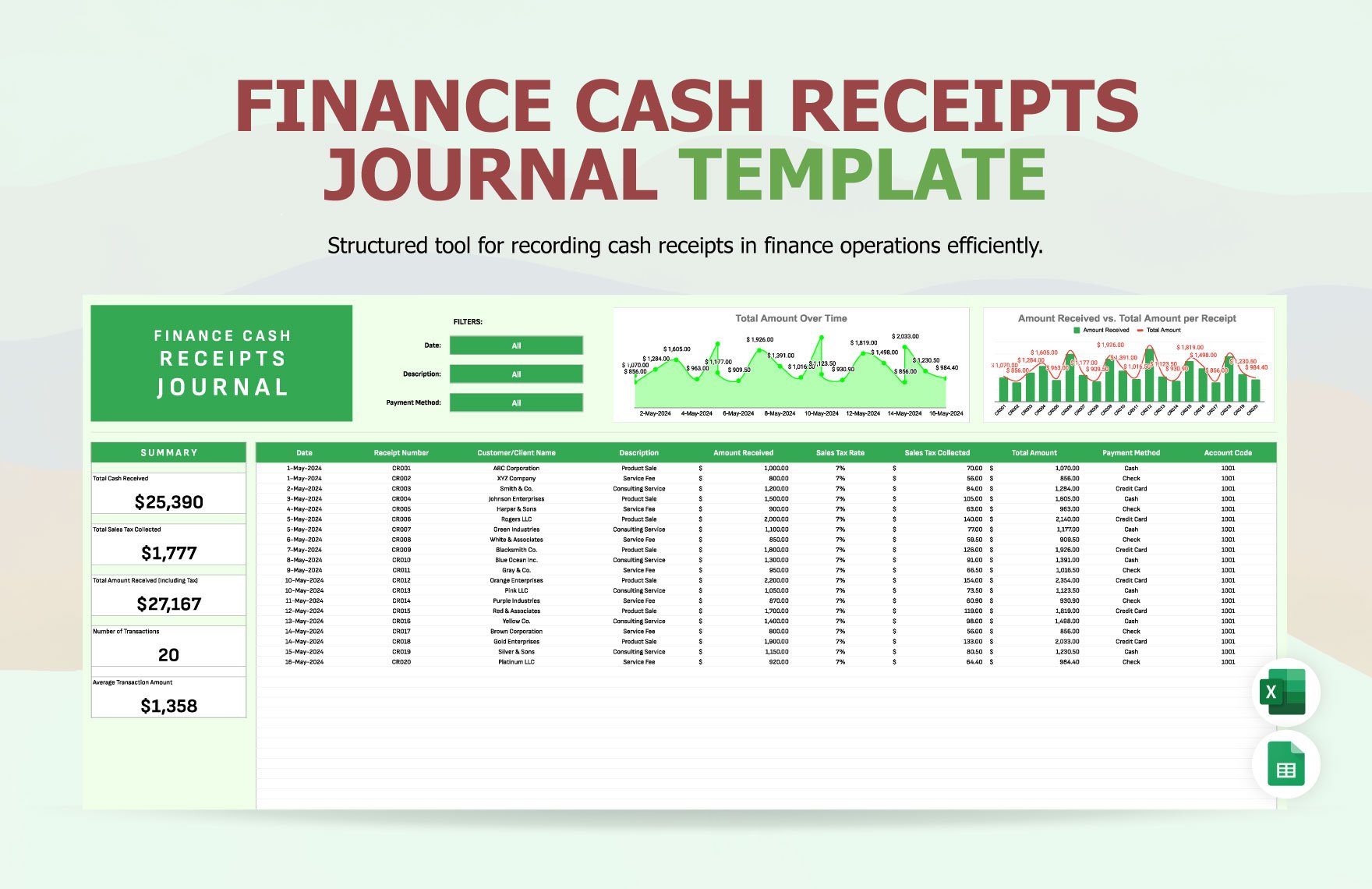 Finance Cash Receipts Journal Template in Excel, Google Sheets