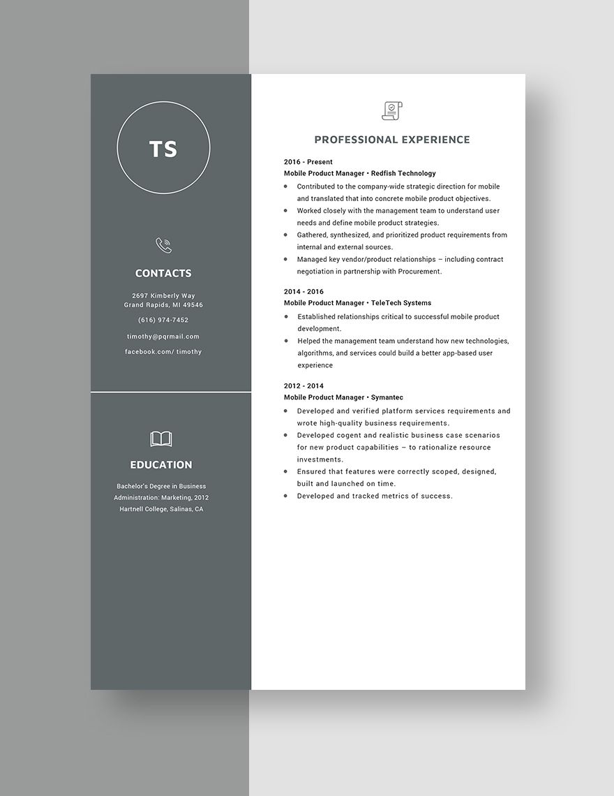 Mobile Product Manager Resume