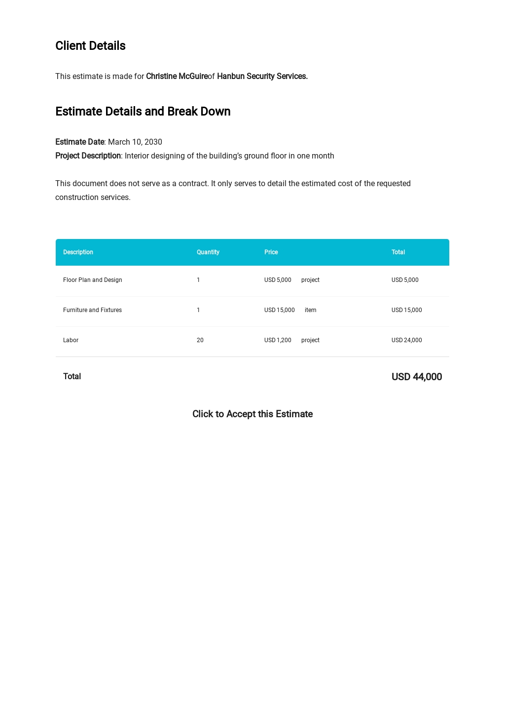 Work Estimate Template Word